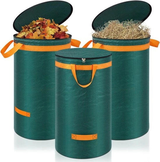 Tre Sacchi per il Rifiuto di Giardino 120 Litri - Sacchi per Giardino Robusti con Coperchio e Maniglie per il Trasporto - Ideali per Foglie e Erba