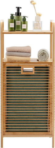 2 in 1 Cesto Portabiancheria a Ripiani, Mobile Cesto Biancheria Salvaspazio in Bambùcon, Mensola per Bagno, 40,5x33x95,5cm, Naturale