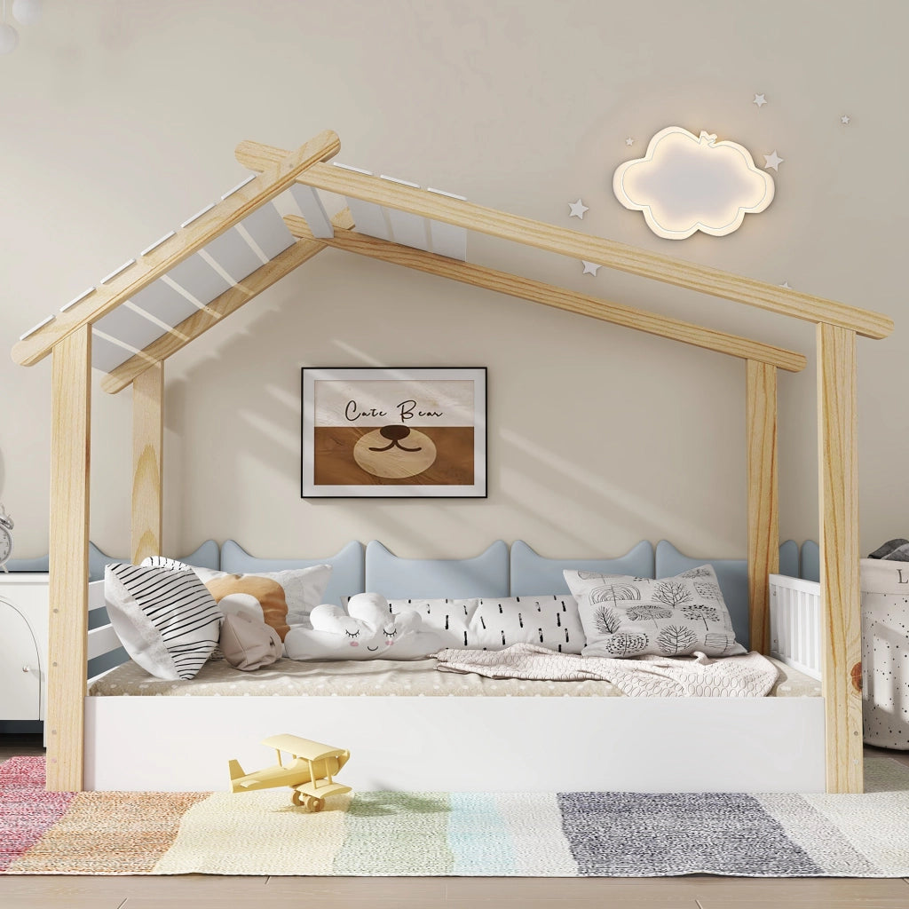 Letto Casetta 90x200 cm con Rete a Doghe - in Legno Massello e MDF - Bianco e Naturale