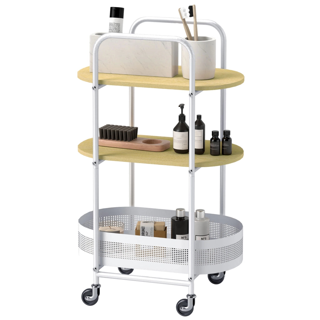 Tavolino con ruote e cestino ¨C zephmum ¨C bianco e legno naturale 49.5x32.5x82.5 cm