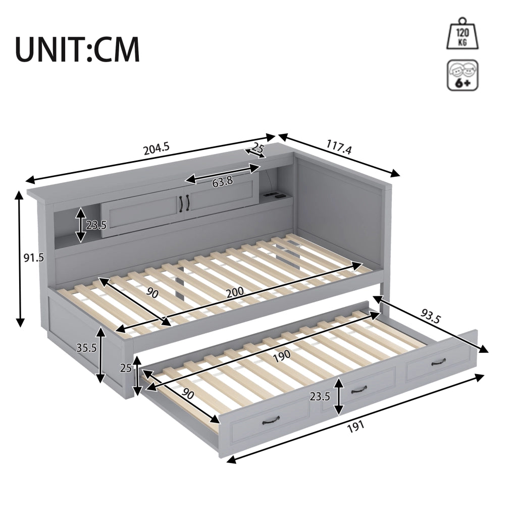 OKWISH Letto a Scomparsa 90×200 cm, Letto Singolo con Letto Estraibile, LED e Prese con USB, senza Materasso, Grigio