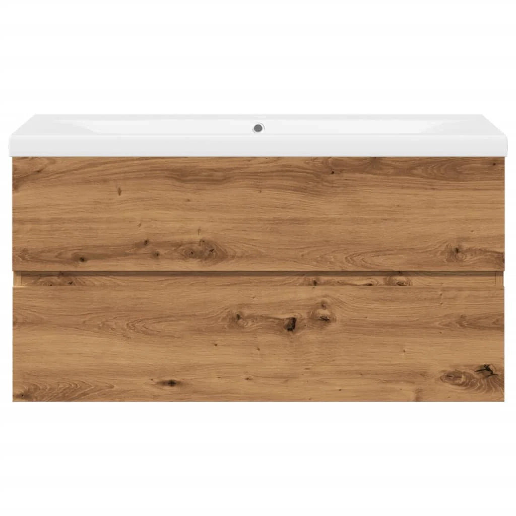 Mobile lavabo sospeso con vano portaoggetti 90 x 38,5 x 45 cm finitura rovere ingegnerizzato realizzato a mano 02_0055851