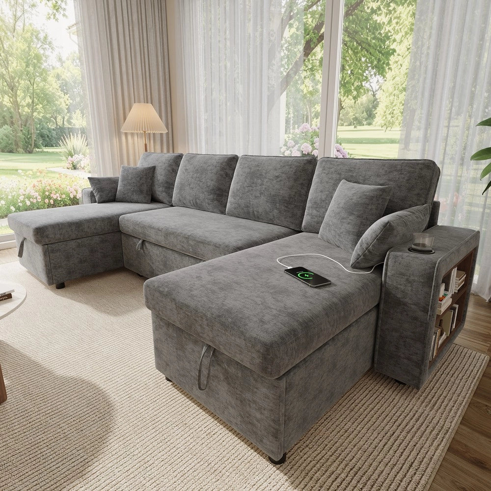 Divano Angolare a U con Funzione Letto, Contenitore, Dormeuse e USB ¨C Xylo ¨C Grigio
