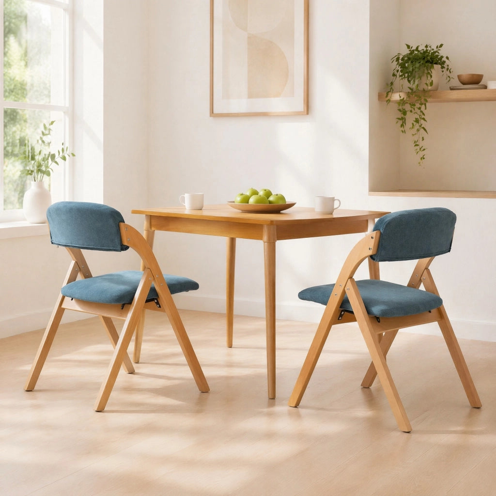 Set di 2 sedie pieghevoli imbottite in legno di faggio, colore blu, con rivestimento sfoderabile