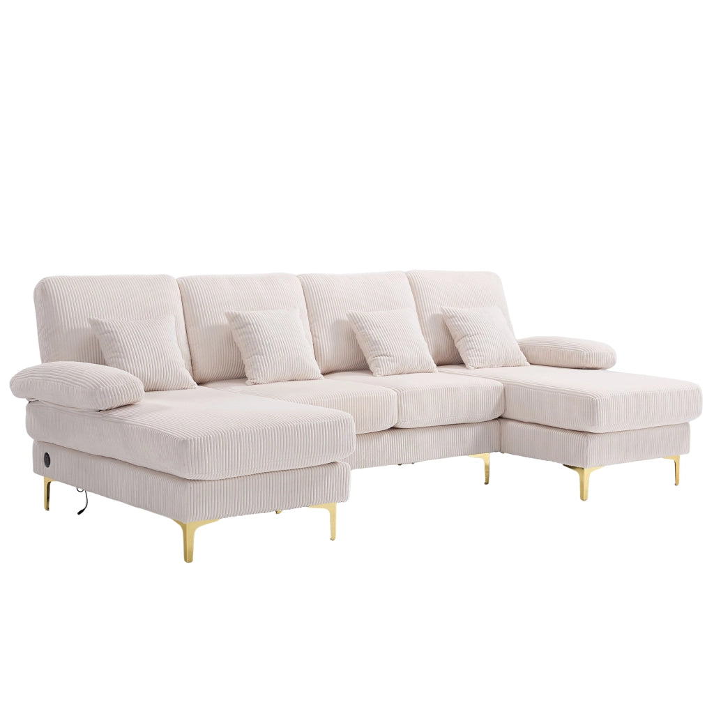Divano a U con LED Integrato e Porta USB; Schienale Ergonomico e Seduta Profonda in Velluto Beige