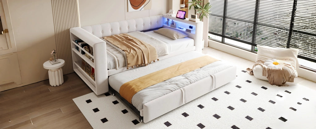 DESMIU Divano letto 90/180 × 190 cm 2 posti con LED, prese e vani portaoggetti, senza materasso, beige