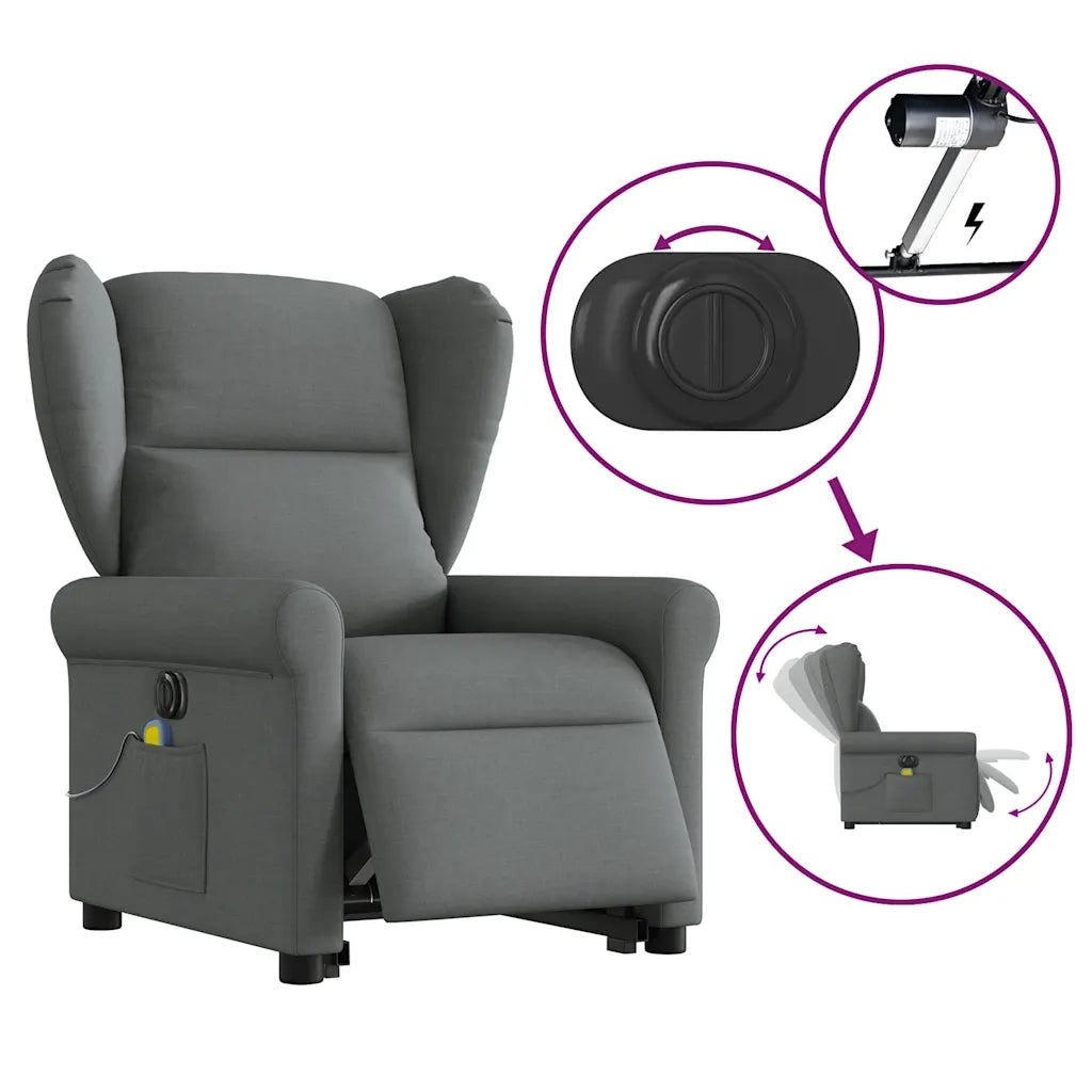 vidaXL Poltrona Alzapersona Massaggi Elettrica Grigio Scuro Tessuto