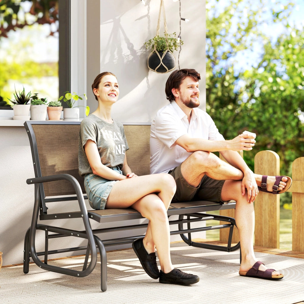 Panchina a Dondolo 2 Posti da Giardino in Metallo e Tessuto a Rete, 120x70x85 cm, Marrone Chiaro