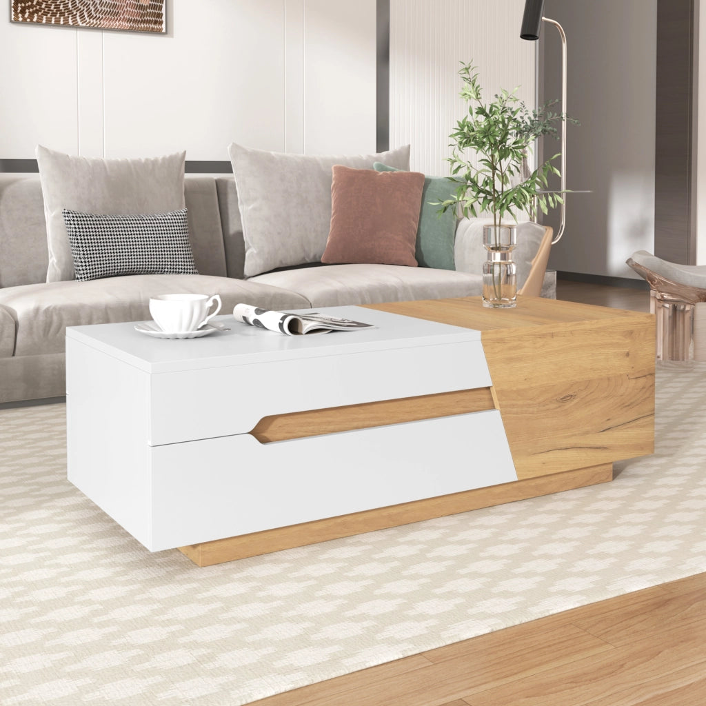 Tavolino da salotto con 2 Cassetti e Vani scorrevoli; per Soggiorno; in MDF; 120 × 50 × 37.5 cm; Bianco e Naturale