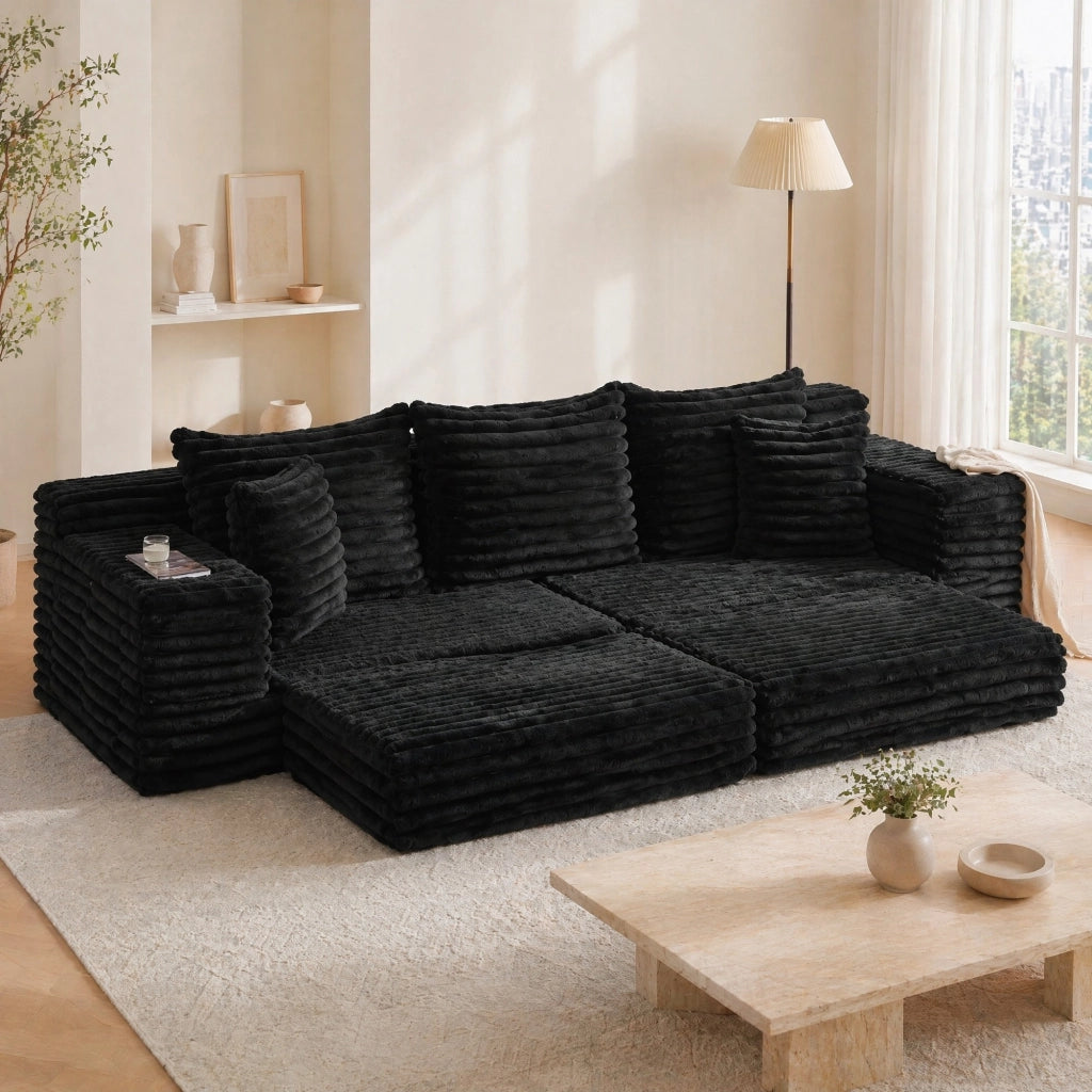 DIVANO LETTO 273x98x87 cm in velluto a coste nero, con tasche laterali e portabicchieri