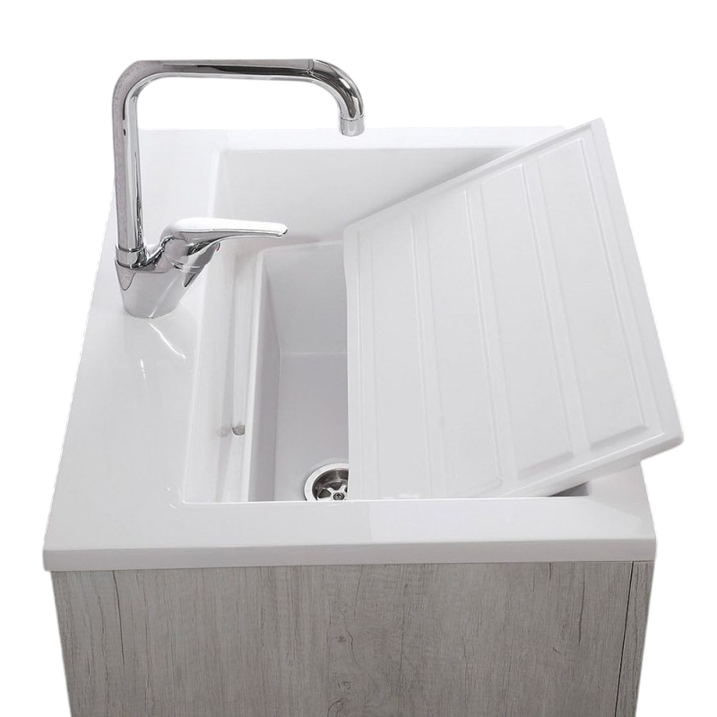 Mobile Lavatoio Vasca Zeus in MineralMarmo Apertura a 2 Ante 60x46x84 cm Bianco Latte