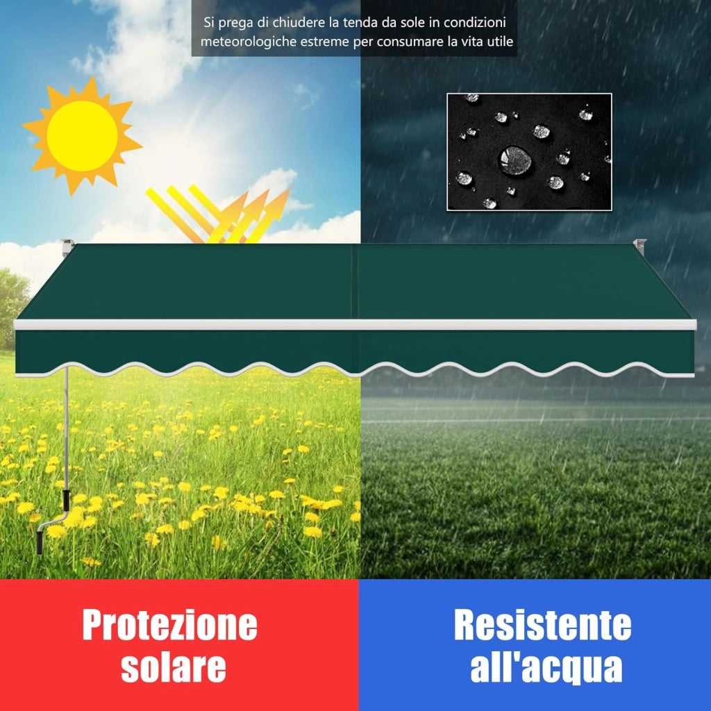 Tenda da Sole per Esterno Avvolgibile, Tenda da Sole a Bracci Estensibili con Telaio in Alluminio e Tettuccio Resistente al Sole e Impermeabile e Manovella (295 x 250 cm,Verde)