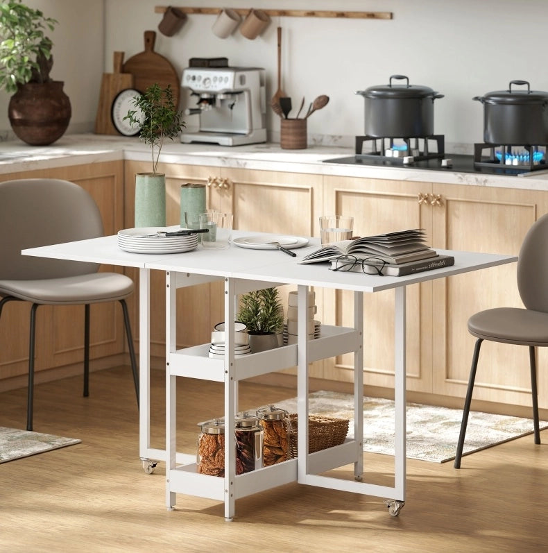 Tavolo da pranzo pieghevole 133.4x80x75 cm con due vani aperti in legno bianco