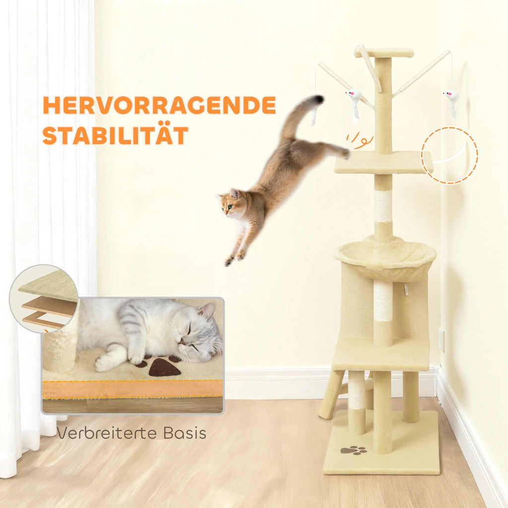 Albero tiragraffi per gatti con tana, giocattoli, tronchi di sisal, piattaforma e scala ¨C Zephmum ¨C Beige