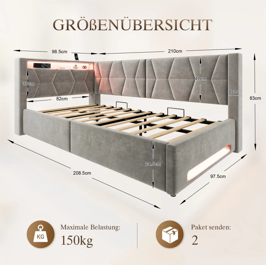 Letto imbottito 90x200 cm con contenitore, LED, USB e Type-C