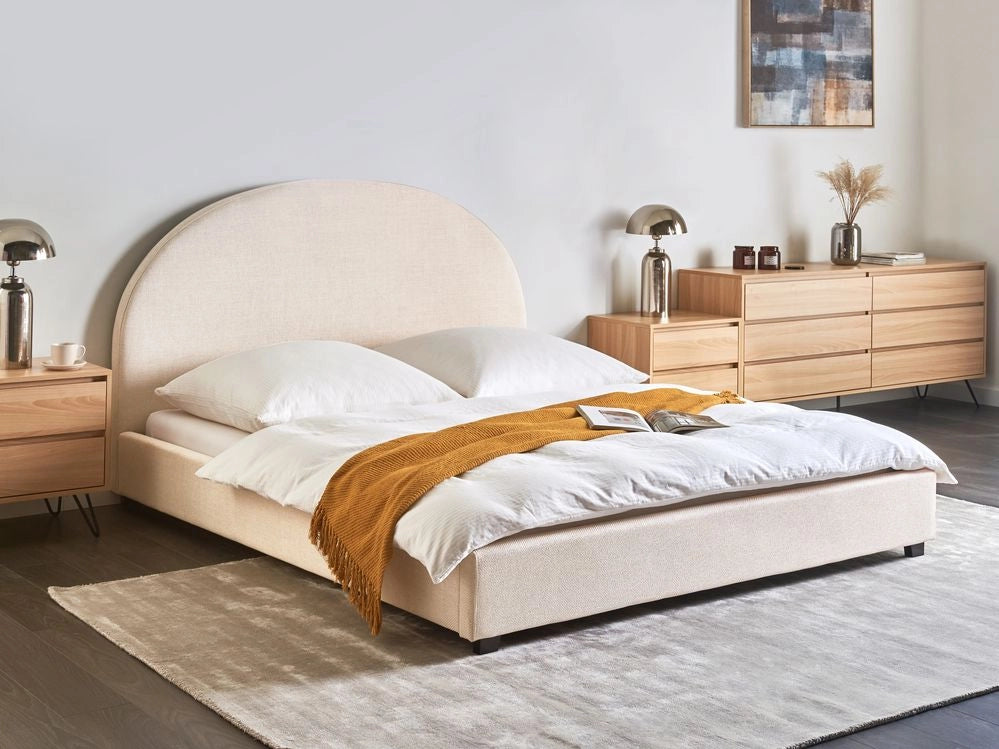 Letto con rete design retrò minimalista tessuto beige chiaro poliestere 160 x 200 cm