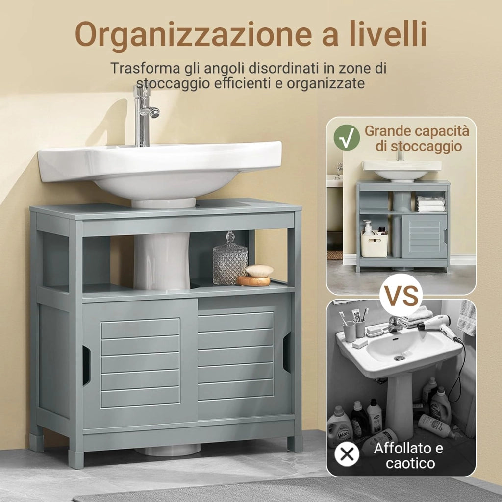 Mobile Bagno Sottolavabo Salvaspazio - Armadietto con 2 Ante Scorrevoli e Ripiano Aperto - Mobiletto Lavandino Compatto per Bagno Moderno Piccolo - Grigio, 60x30x60cm, FRG128-II-SG