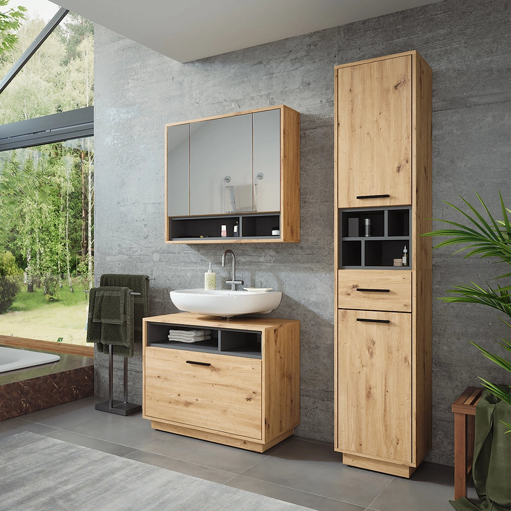 Vicco Set di mobili da bagno Rovere artigianale/antracite 3 parti con colonna
