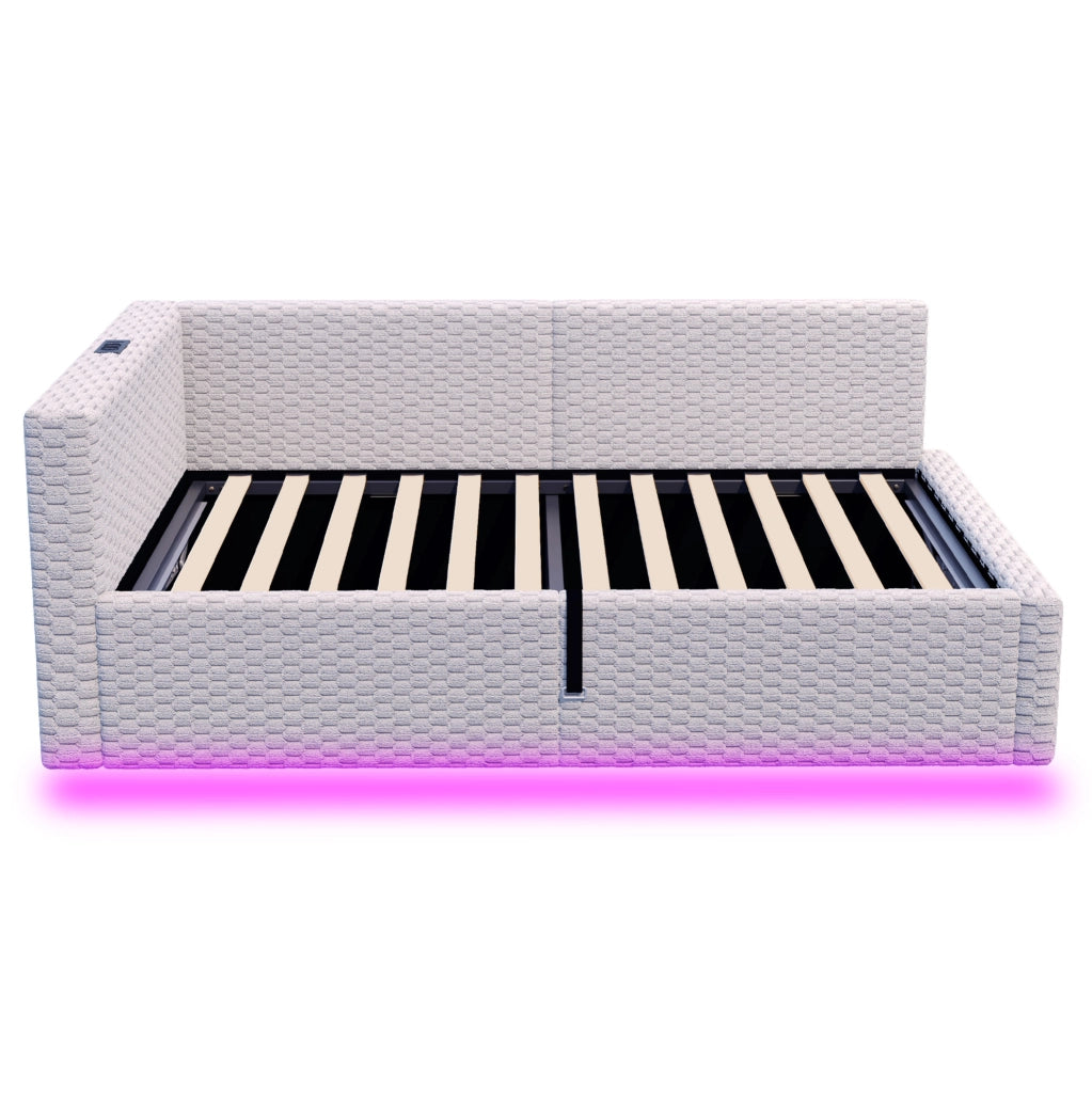 Letto imbottito ULEVR 90x200 cm con contenitore idraulico, LED, 2 USB e Type-C, velluto grigio