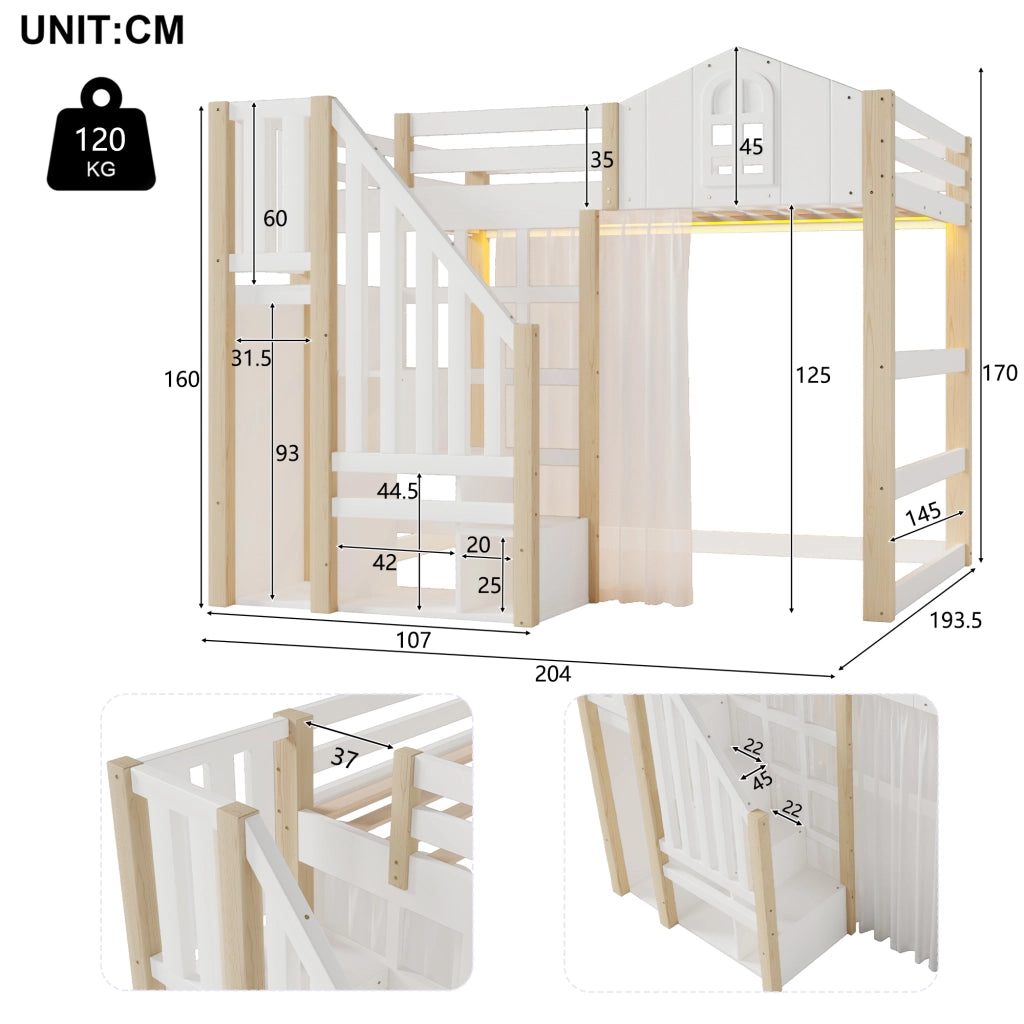 LETTO A SOPPALCO 140x200 cm con luci LED, scala contenitore, Bianco/Naturale