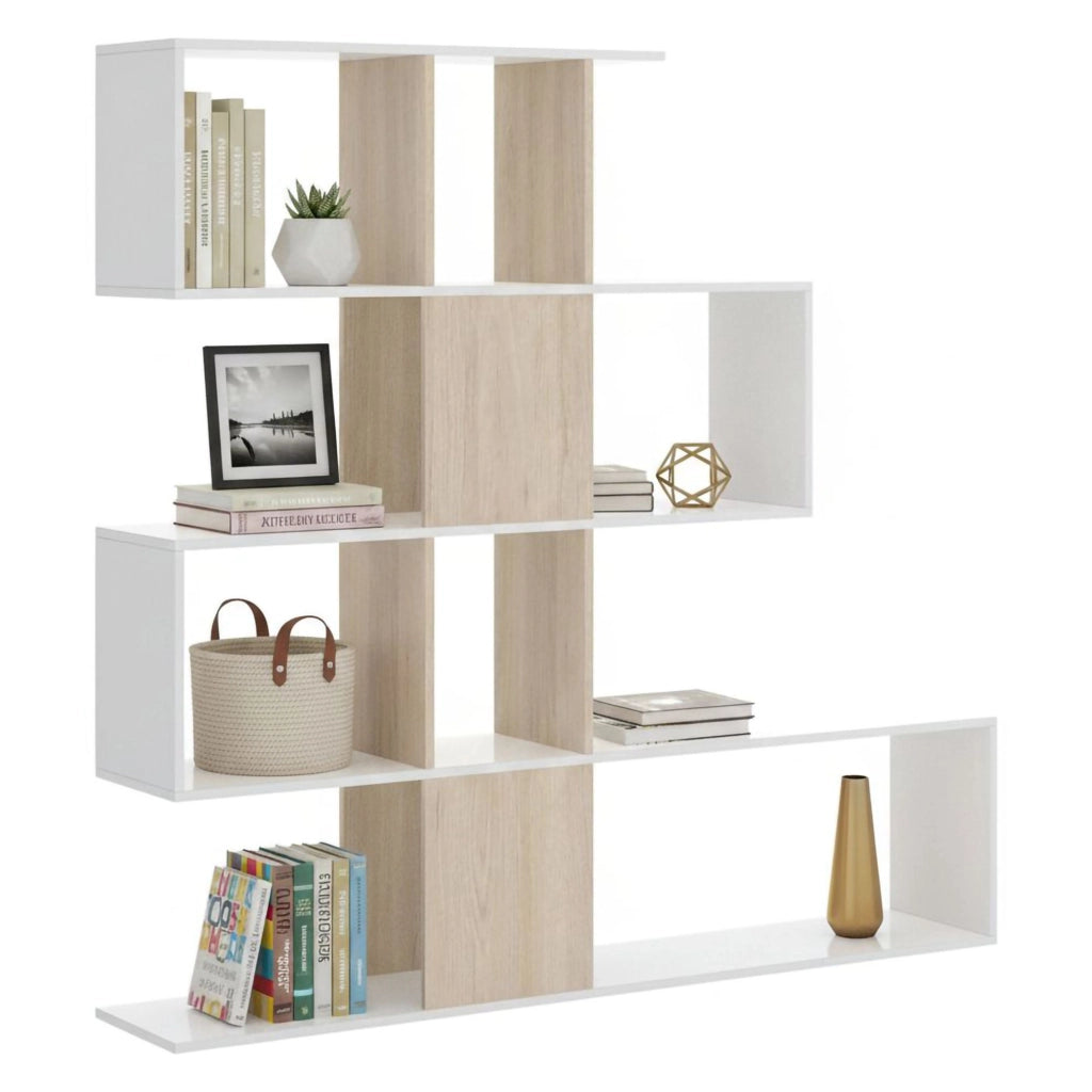 Libreria Ax, Scaffale da ufficio multiuso, Mobile biblioteca portalibri a 4 ripiani, 145x29h145 cm, Bianco e Rovere