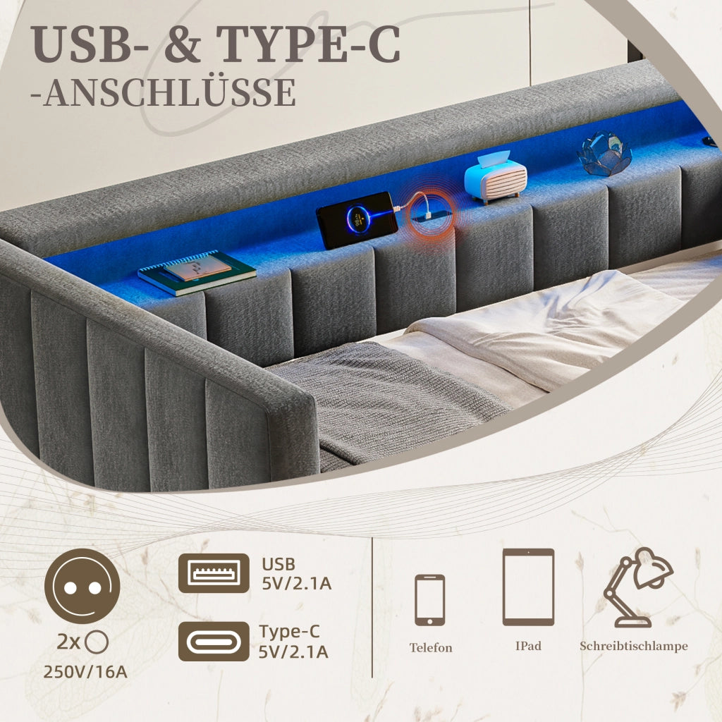 Letto divano estraibile 90 × 190 cm con LED regolabile, USB Type-C e contenitore, senza materasso, velluto grigio scuro