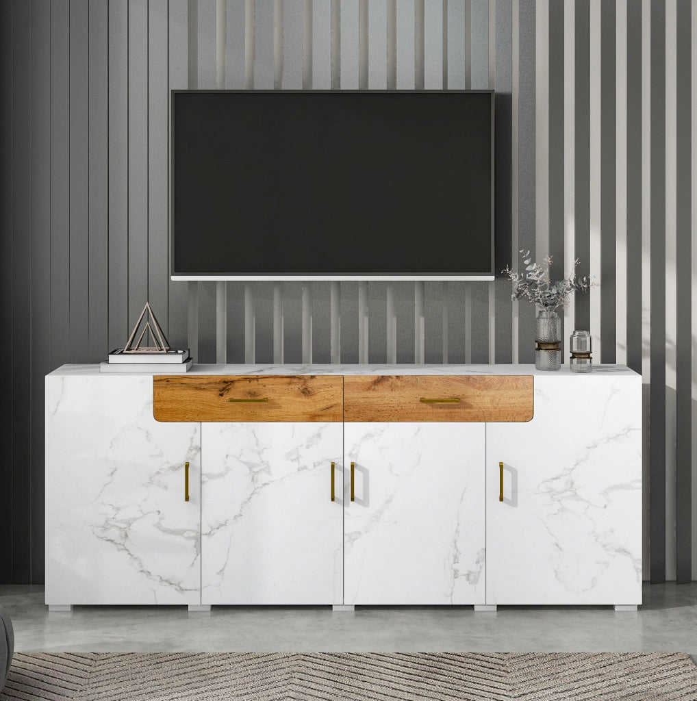 Credenza moderna bianco marmorizzato 208 x 39;5 x 80 cm con 4 ante e 2 cassetti