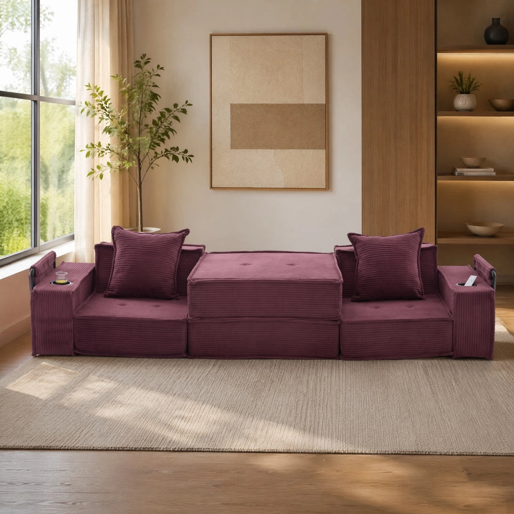 Divano pouf modulare in velluto a coste con cuscini 162x78x66 cm; rosso vino