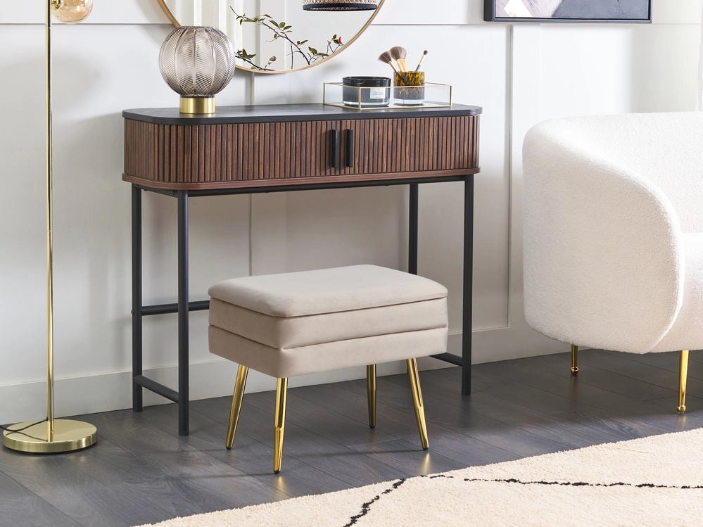 Panca contenitore per la camera da letto Rivestimento in velluto di poliestere beige chiaro Gambe dorate Design glam Mobili da soggiorno in tinta unita
