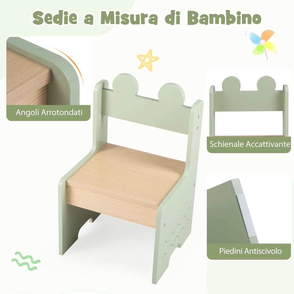 Set di Tavolo e 2 Sedie per Bambini 3+ Anni, Tavolo e 2 Sedie in Legno con Scomparti Doppio Lato e Cassetto Pieghevole in Tessuto, Ideale per Leggere, Giocare per Cameretta Bambini (Verde)