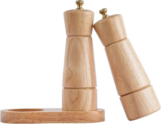 Insalata di Pepe - Set di Molini di Pepe e Sale Regolabili in Ceramica e Acciaio Inossidabile - Altezza 16,5 cm - Legno di Rubbero - Diametro Inferiore 5 cm
