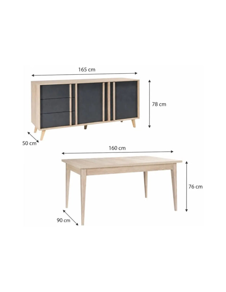 Sala da pranzo completa MALMO con tavolo 6 posti 160 cm e buffet 165 cm - Rovere chiaro e grigio