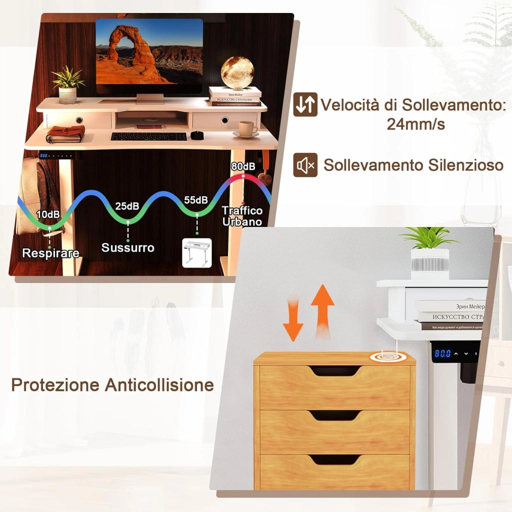 Scrivania Regolabile in Altezza con 2 Cassetti, Scrivania con Supporto per Monitor, Mensola, 2 Ganci e 3 Altezze Preimpostate, Tavolo da Lavoro per Ufficio, Studio e Camera da Letto (Bianco)