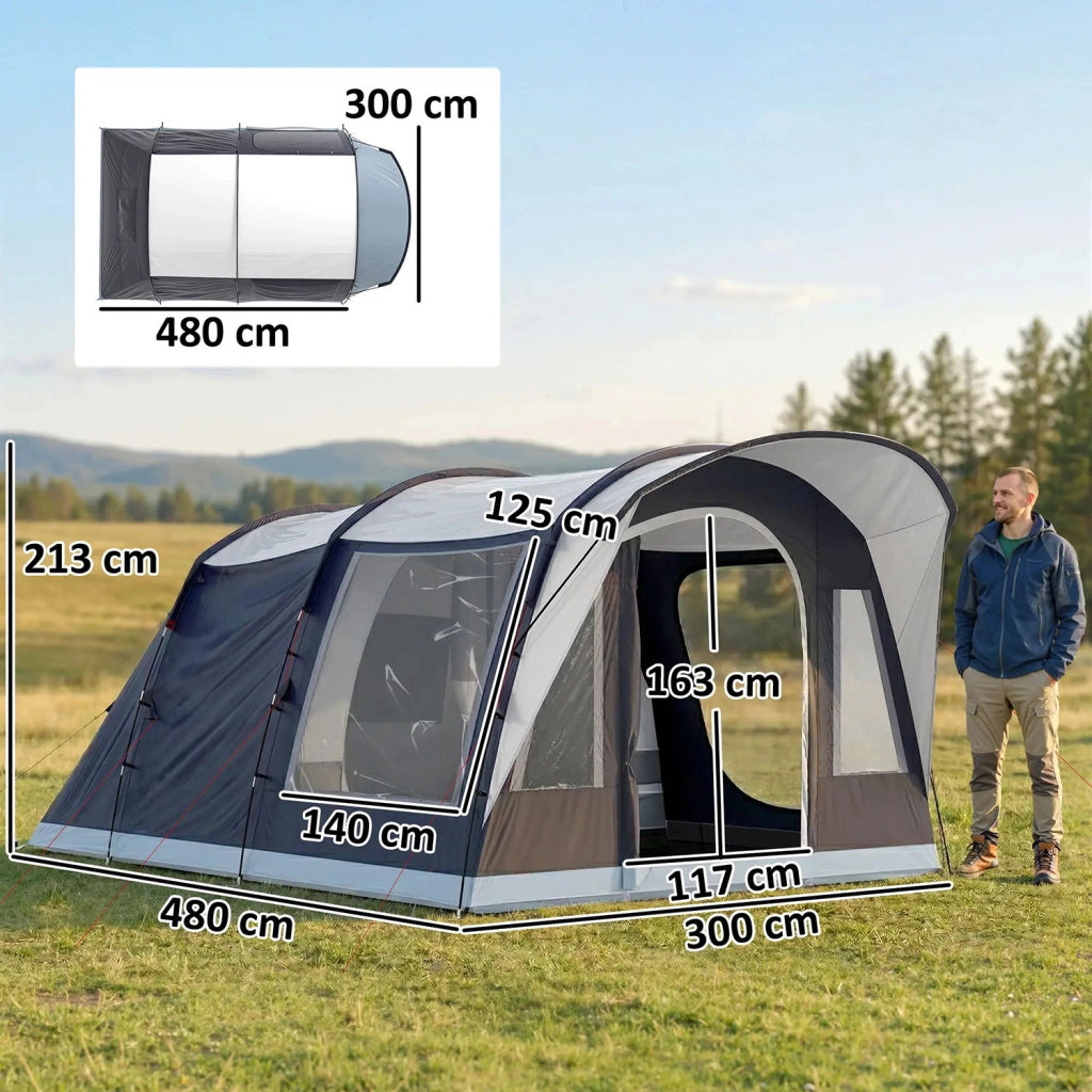 Tenda Tunnel 2-4 Persone 480x300x213 cm Camera da Letto Zona Giorno Impermeabile in Fibra di Vetro e Poliestere Blu Navy