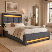 LETTO Contenitore 90x200 cm Lino Grigio con LED APP e USB