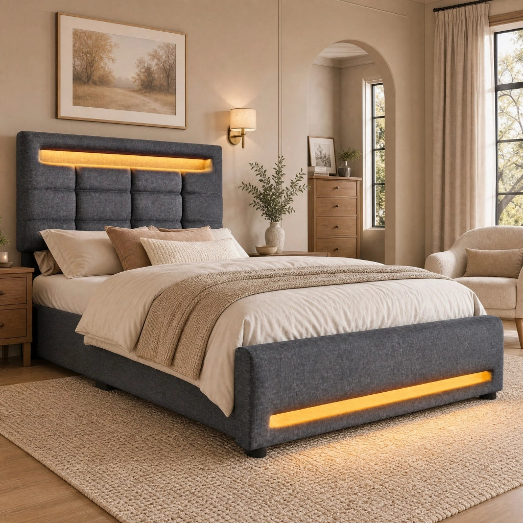 LETTO Contenitore 90x200 cm Lino Grigio con LED APP e USB