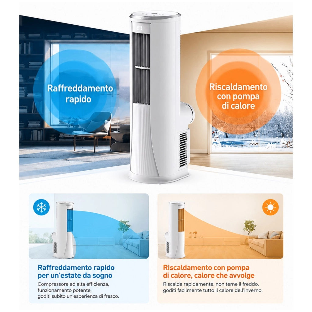 Condizionatore Portatile Caldo Freddo Senza Unità Esterna 16000 BTU/h 4 in 1 Silenzioso con Wi-Fi, Timer e Modalità Notte