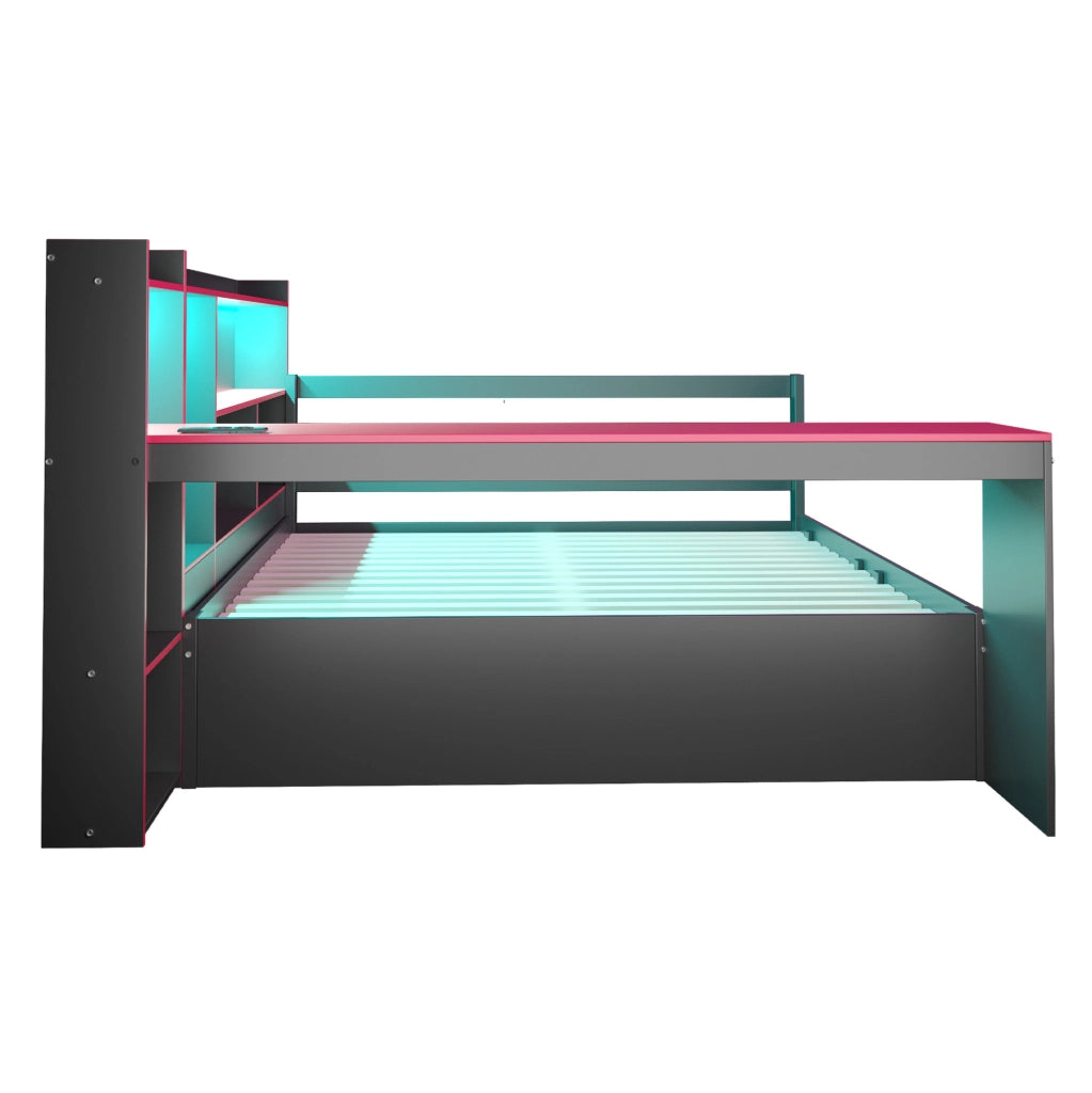Letto matrimoniale multifunzione 140x200 cm in legno; con scrivania; LED e cassetti; nero e rosso