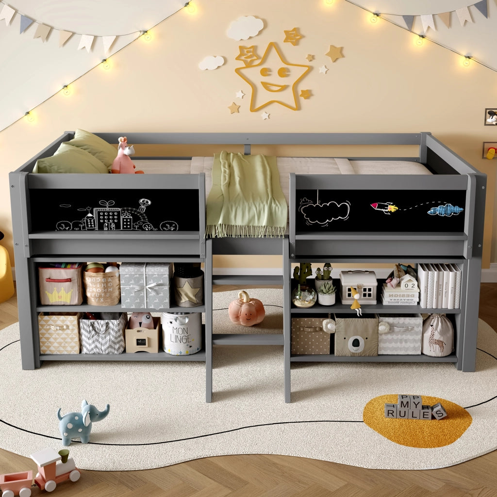 Letto rialzato grigio in pino con funzione contenitore 90x200 cm