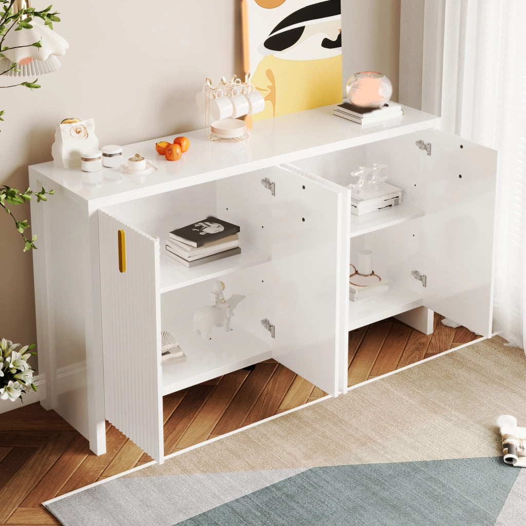 Sideboard moderno bianco con maniglie oro e ripiani interni regolabili, 140 x 38 x 80 cm