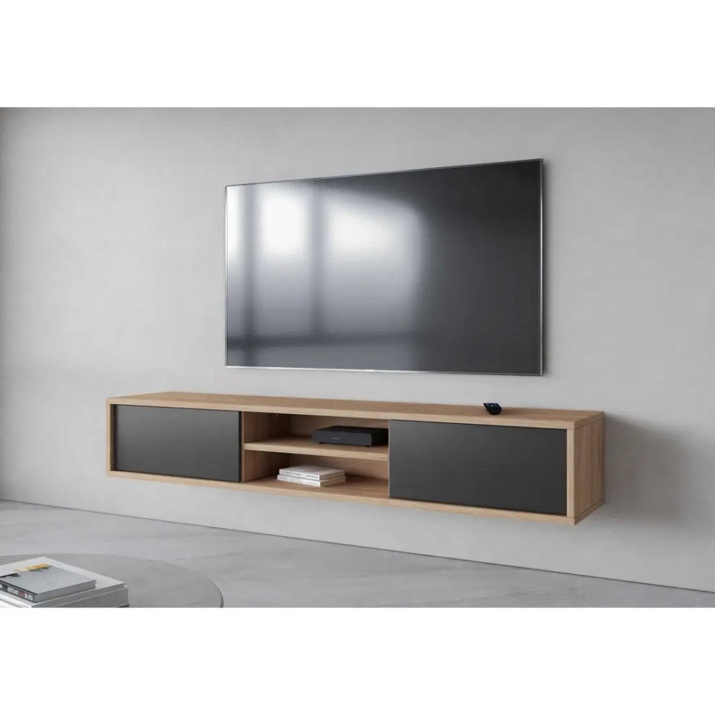 Mobile TV 180cm, 2 porte e 2 nicchie collezione MAANUM. Colore quercia chiara e grigio.