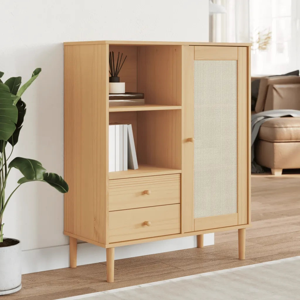 Credenza | Madia | Buffet da pranzo | Armadio da pranzo SENJA Aspetto Rattan Marrone 90x40x112cm Massello Pino