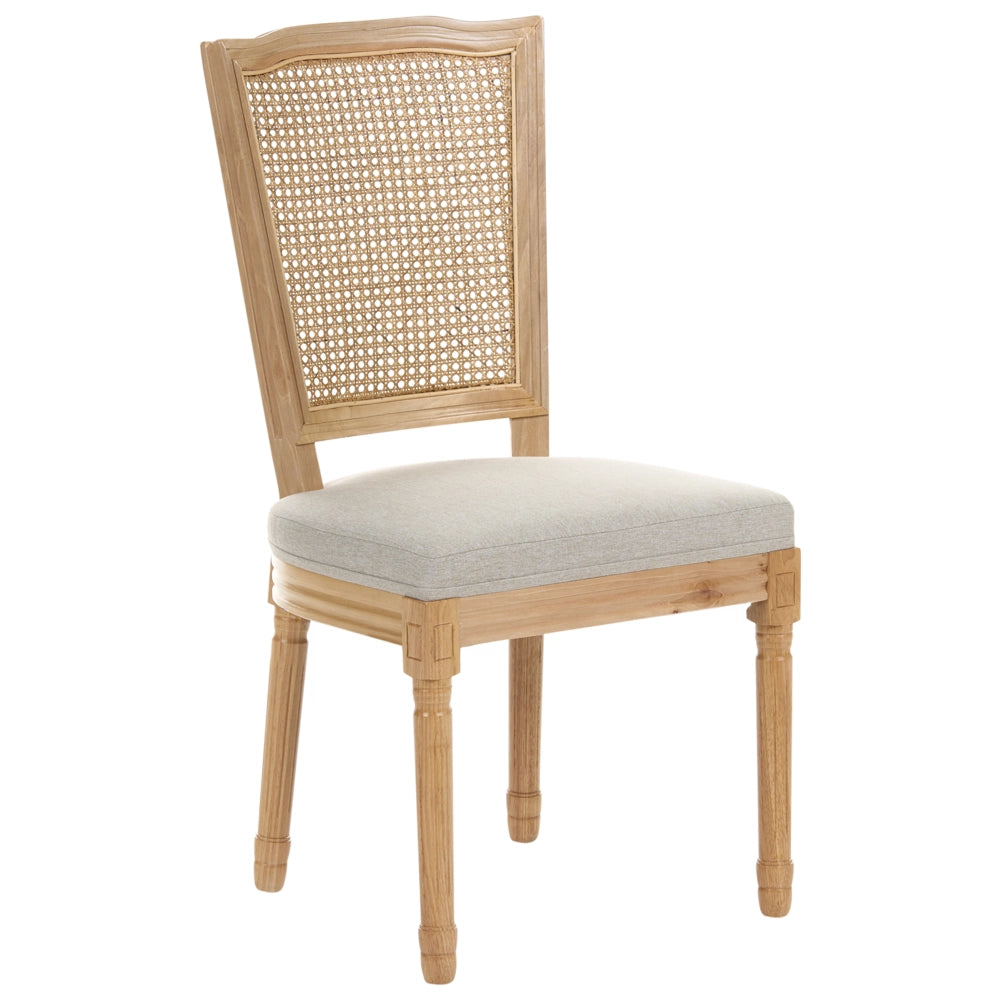 Set di 2 sedie da pranzo con struttura in legno e rivestimento in tessuto marrone chiaro e beige, in stile country francese vintage con intreccio viennese