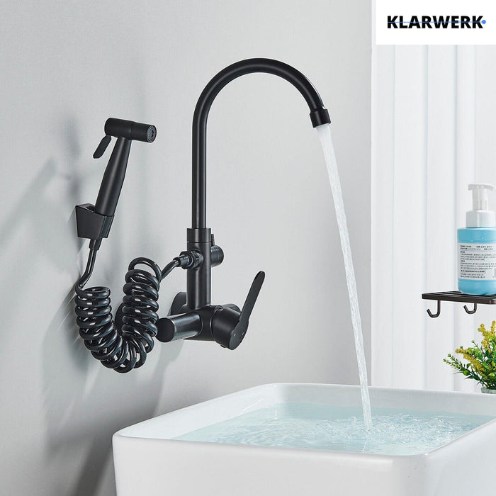 JULIE | Rubinetto miscelatore gastronomia a parete nero | professionale da cucina in acciaio inox con doccetta|Acqua rubinetto ristorante  bocca alta