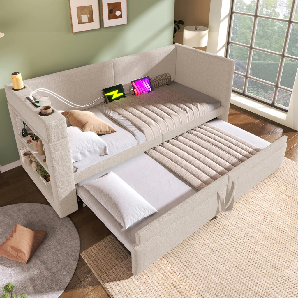 Divano letto estraibile 90x200 cm beige con USB-C e portabicchieri