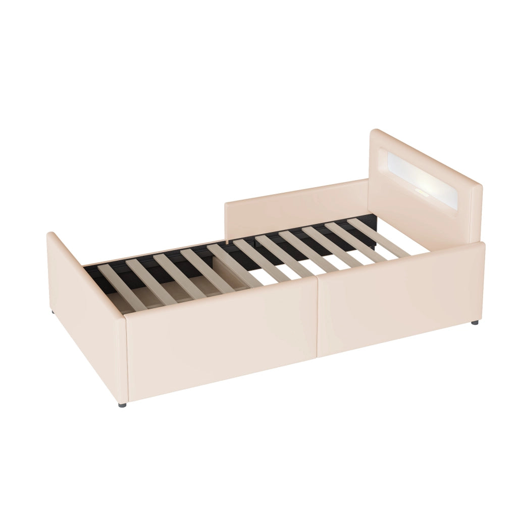 Letto imbottito per bambini 90x200 cm; con luce notturna e USB; ecopelle beige