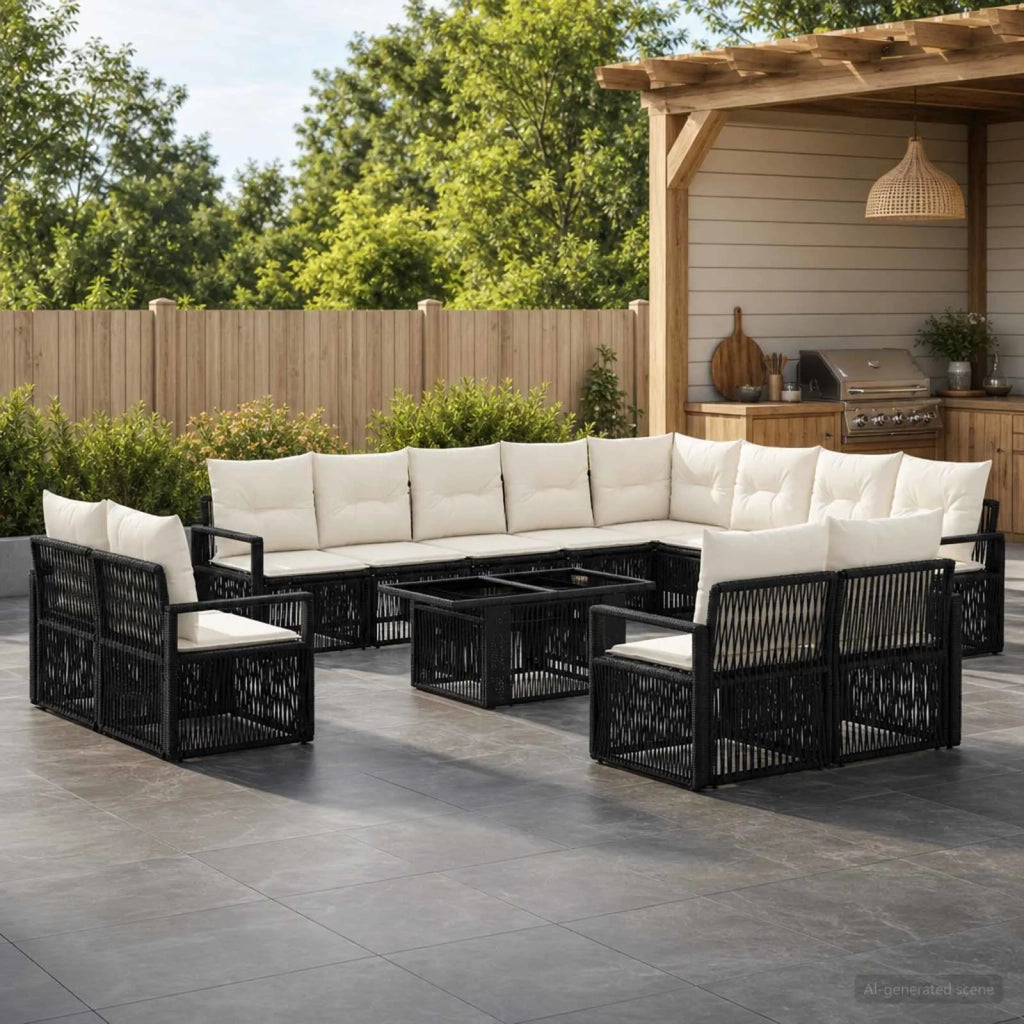 Set Divano da Giardino 13 pz Nero e Bianco Crema polyrattan 3437179