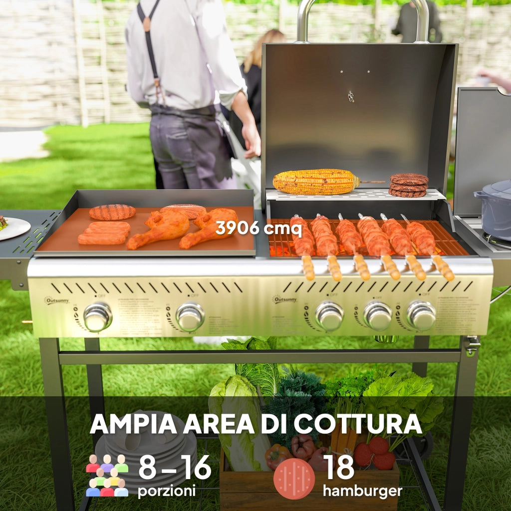 Barbecue a Gas con Piastra e Fornello Coperchio con Termometro Regolatore e Tubo Inclusi Nero