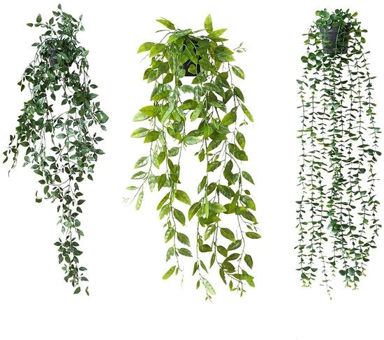 3 pacchi di piante artificiali a pendente - Fagiolo, Mandala, Eucalipto - Piccole piante artificiali con foglie spesse, piante a pendente in plastica per balcone, ufficio, decorazione per muro