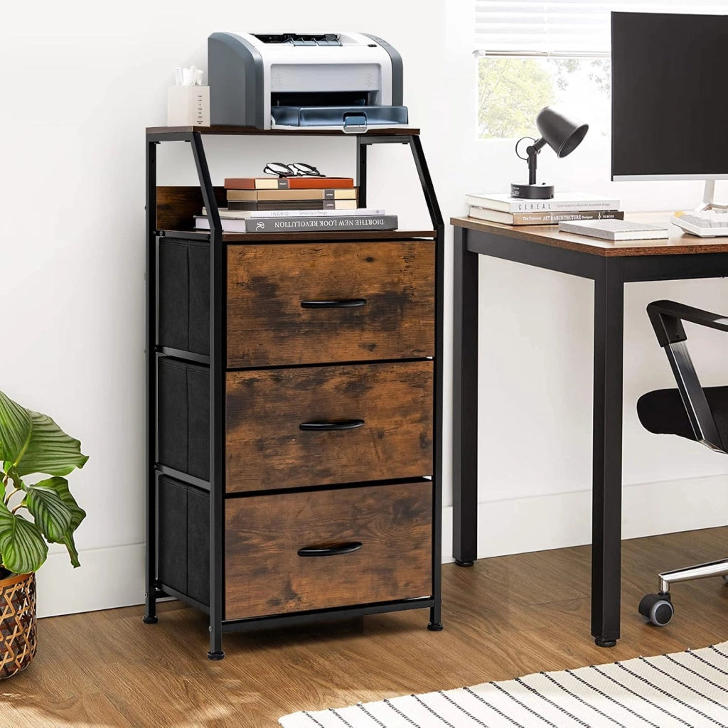 Armadietto verticale con 3 cassetti in tessuto e 2 ripiani aperti, comodino con protezione anti-ribaltamento, armadietto, cassettiera, 45 x 30 x 92 cm, stile industriale